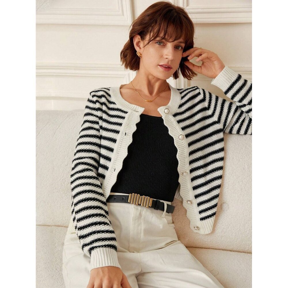 Black White scalloped preppy Striped Cardigan pearl Button Plazacore